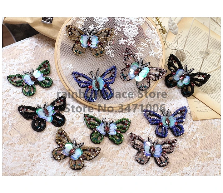 4pieces/lot Hand-beaded Multicolor Crystal Butterfly 3D Bright Patches Clothes DIY iron patches for clothing reversible sequin | Дом и сад