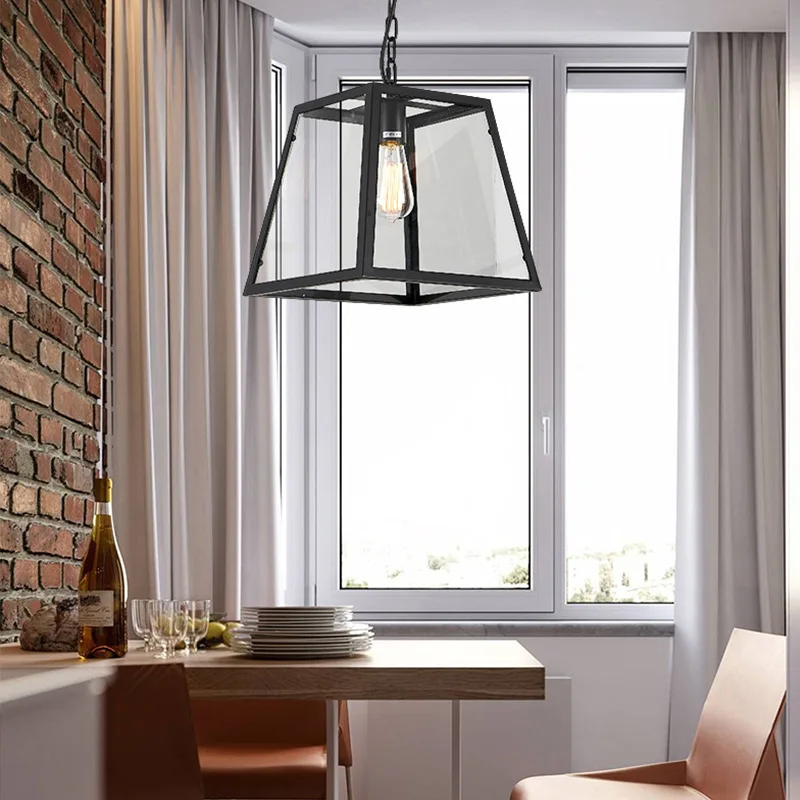 

Vintage wrought iron chandelier rectangular glass box restaurant cafe creative personality living room lamp glass pendant lamps