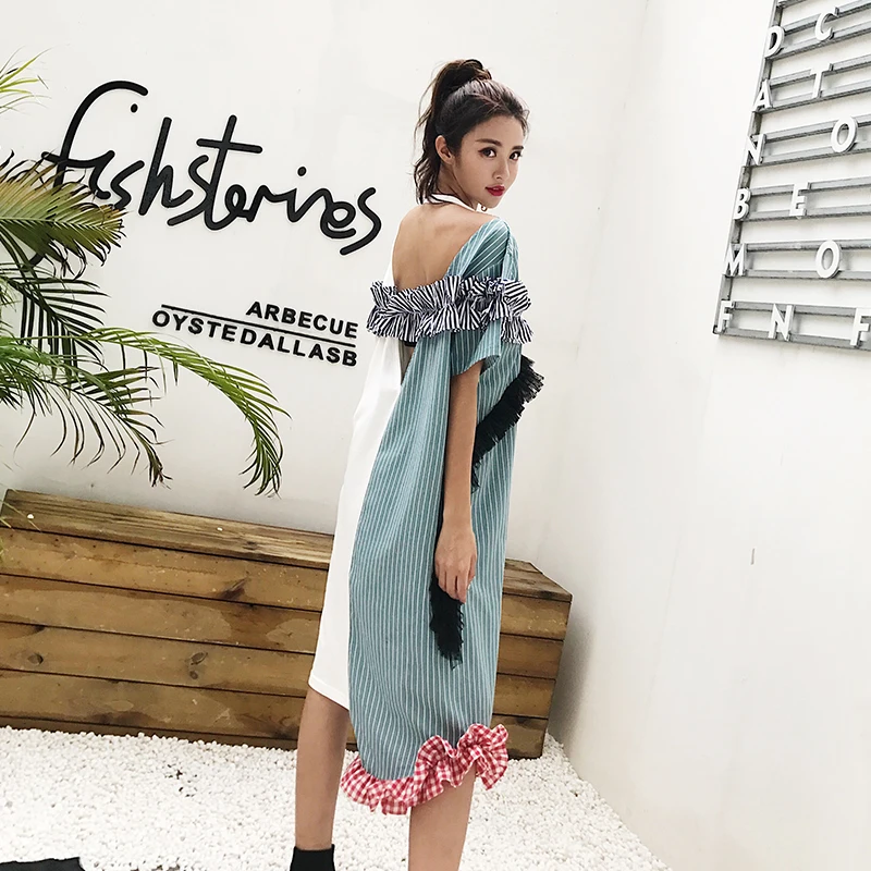 Лето Асимметричный в полоску платье В лоскутном стиле для Для женщин пикантные