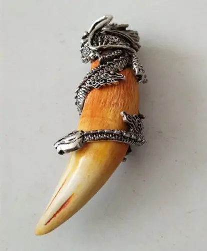

Chinese Boars Tooth Wild Hog Silver Dragon Protective Talisman Pendant