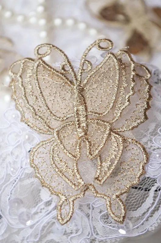

50 pcs gold butterfly lace applique with sequins, 3D golden butterfly applique