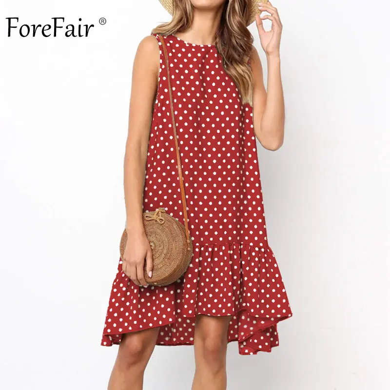 Forefair, платье в горошек для женщин, летнее, с открытыми плечами, с рюшами, неровное, круглый вырез, размера плюс, повседневное, мини, бохо, пляжное платье - Цвет: Red Dress