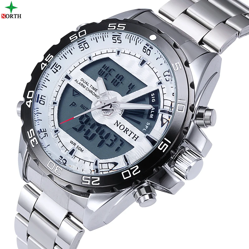 NORTH цифровой дисплей мужские спортивные часы из нержавеющей стали