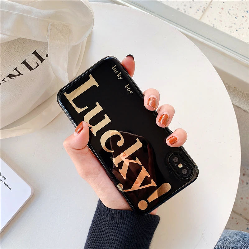 pure color gold stamping lucky Black white soft shell phone Case For Apple iphone 6 6s 7 8 Plus X XS XR MAX |