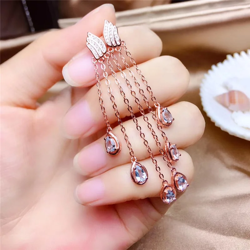 Серьги-подвески женские из серебра 925 пробы с аквамарином #552 | Украшения и