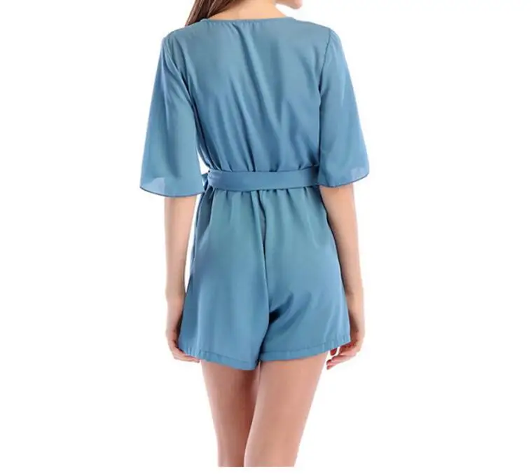 

Chiffon Middle Sleeve Playsuit Sexy V-neck loose Belted Jumpsuit 5 Colors Plus Size Women Romper