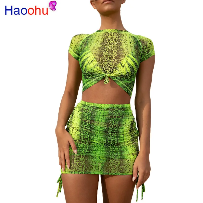 

HAOOHU Neon Snake Print Sexy 2 Piece Set Women Festival Clothing Crop Top Skirt Summer Two Pcs Matching Mesh Sheer Club Outfits