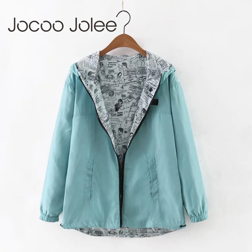 Jocoo Jolee, осенняя Женская куртка-бомбер, Базовая куртка с карманом на молнии, с капюшоном, двухсторонняя одежда, верхняя одежда с мультипликационным принтом, Свободное пальто
