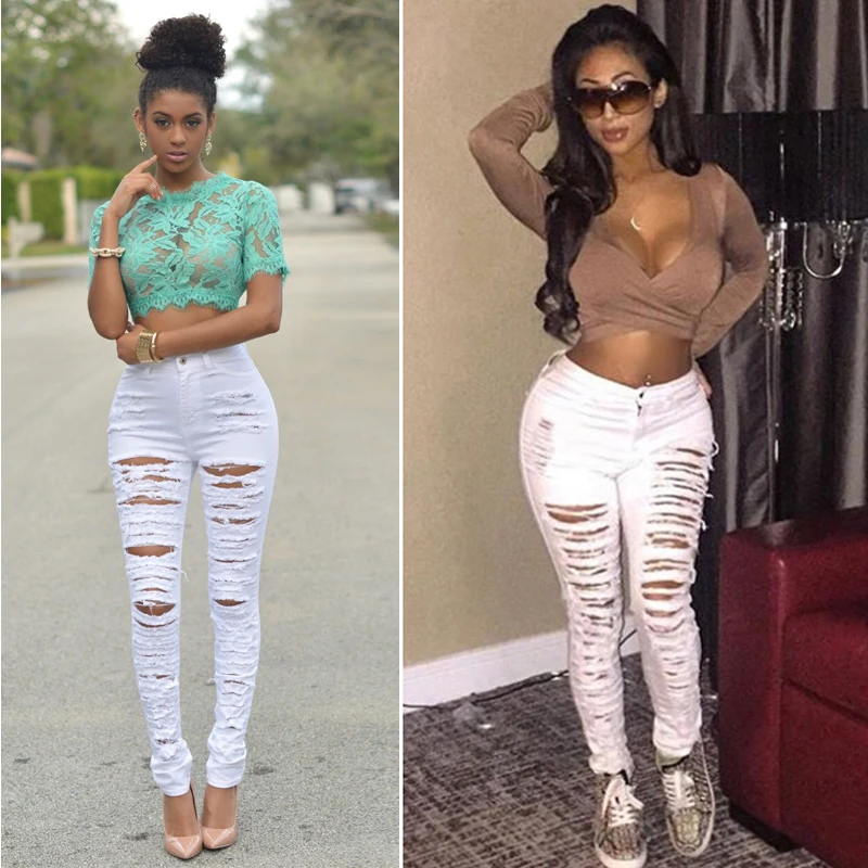 Лето 2018 Модные женские леггинсы джинсы с высокой талией рваные обтягивающие