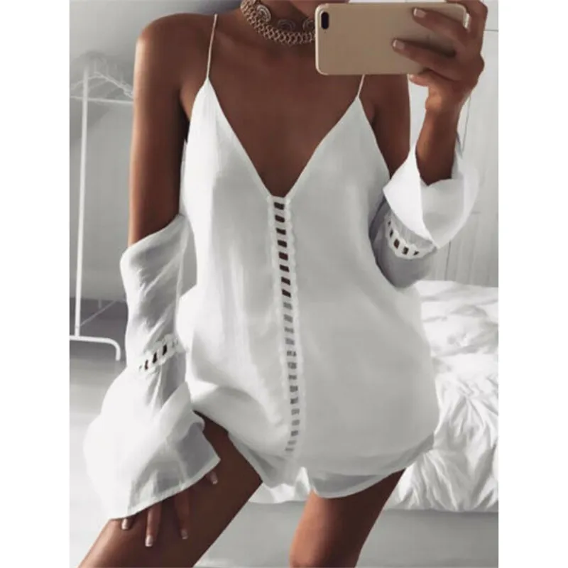 

New Plus Size Women Sling Open Work Blouse Long Sleeve Off Shoulder Cool Shirt Tops Sexy Deep V-neck Casual Sling Strap Blouse