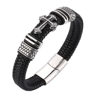 trendy mens bracelet jewelry black braided leather cross bracelet male bangles stainless steel magnetic clasp wristband sp0066