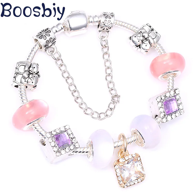 Boosbiy антикварные посеребренные женские браслеты с шармами и розовыми