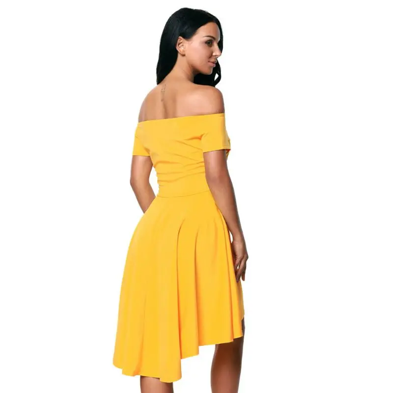 

Womens Plus Size Solid Color Sexy Off The Shoulder Evening Party Dress Short Sleeve High Waist Pleated High Low Irregular C