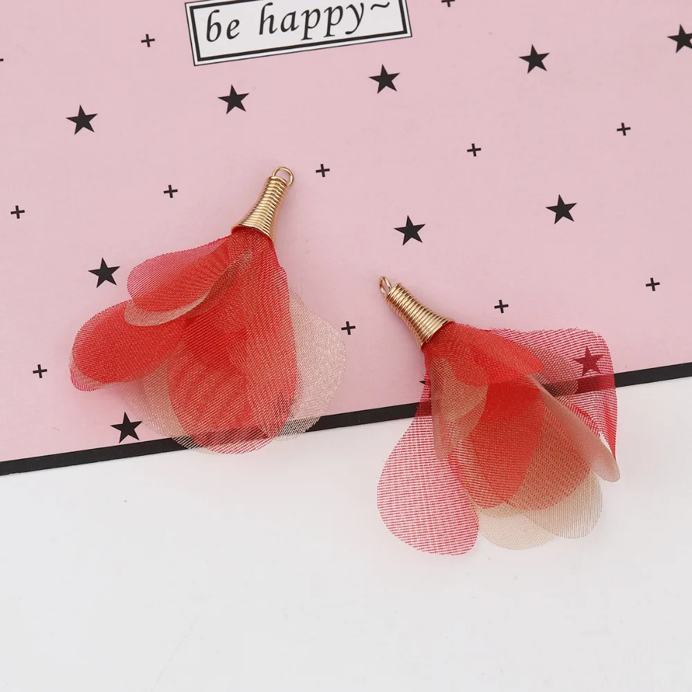 DoreenBeads Organza Tassel Pendants Flower Gold Color Red DIY Findings About 5cm x4.5cm - 4.5cm x4cm(1 6/8&quot x1 5/8&quot) 20 PCs |
