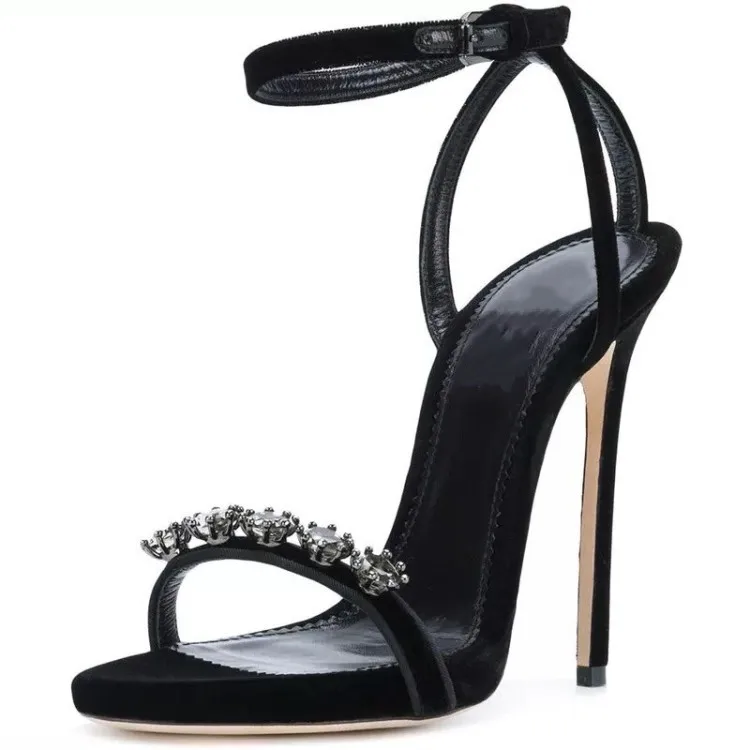 

brand design ladies shoes black suede narrow band sexy pumps Luxury rhinestone summer sandals women 11 cm thin high heels sandal