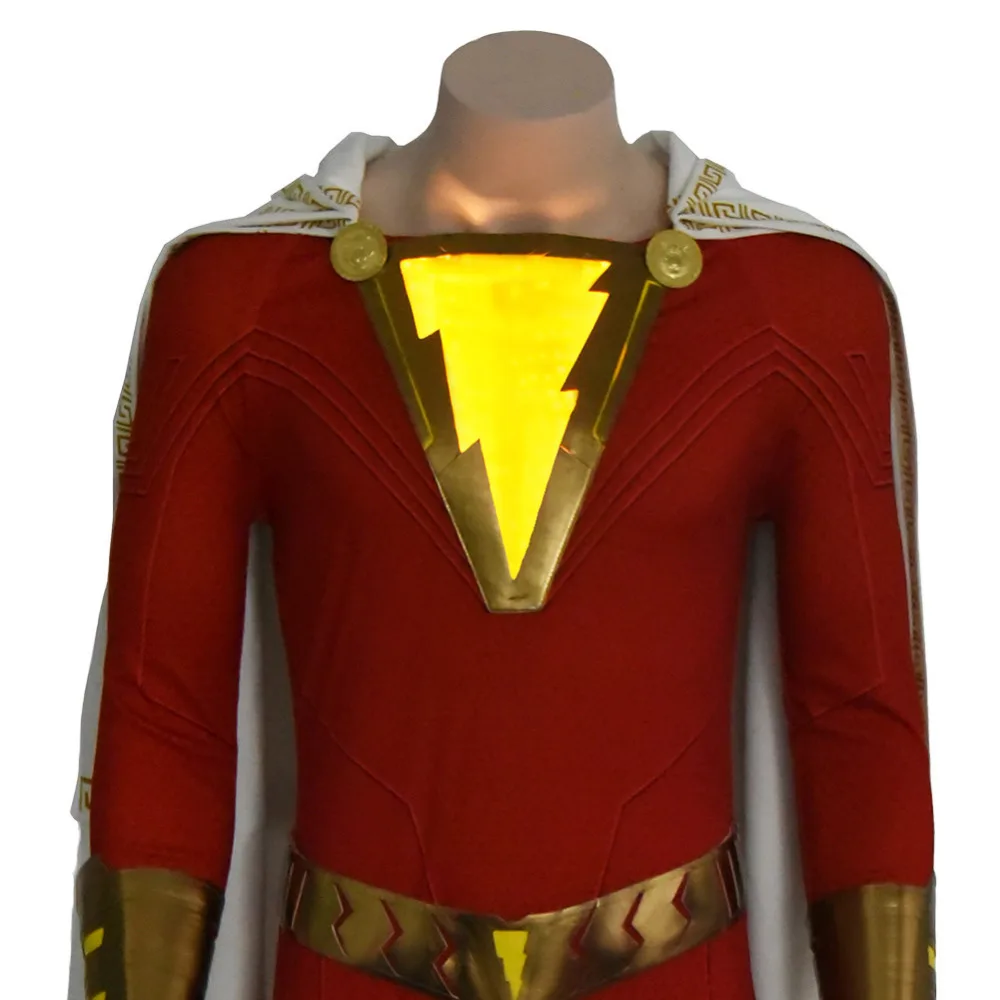Shazam Billy Batson Косплей Костюм Марвел Капитан Костюм Комбинезон Наряд светодиодный с ботинками Хэллоуин карнавальные костюмы