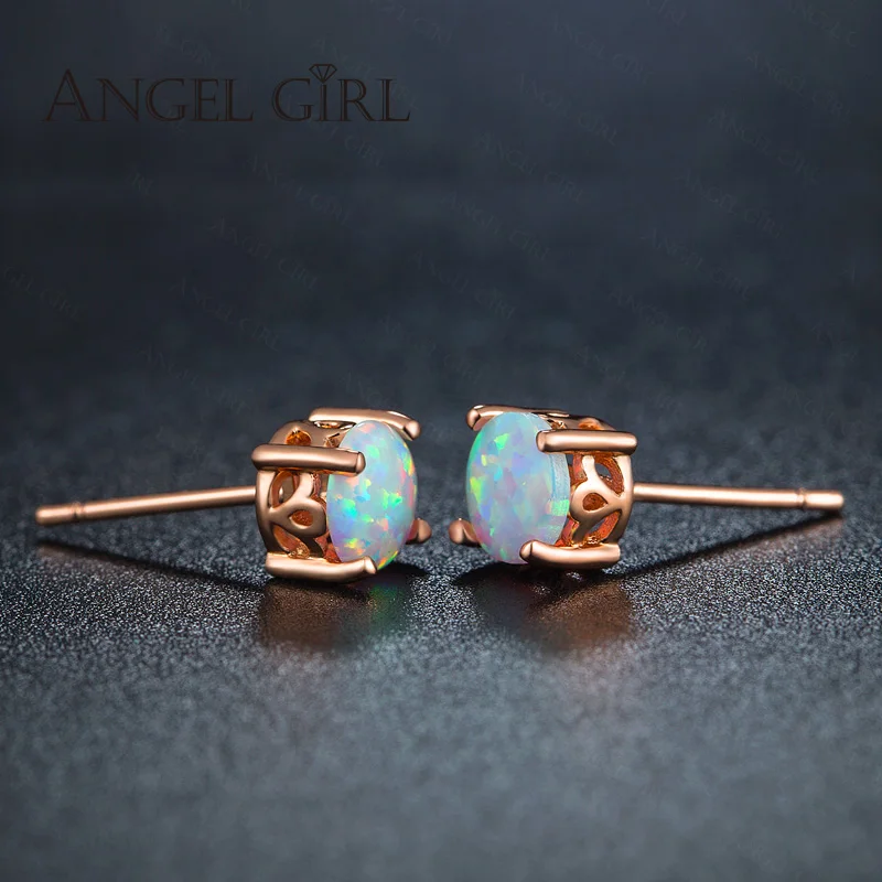 AngelGirl,, серьги, аксессуары, розовое золото, круглая форма, серьги-гвоздики с белым опалом, серьги для женщин на помолвку