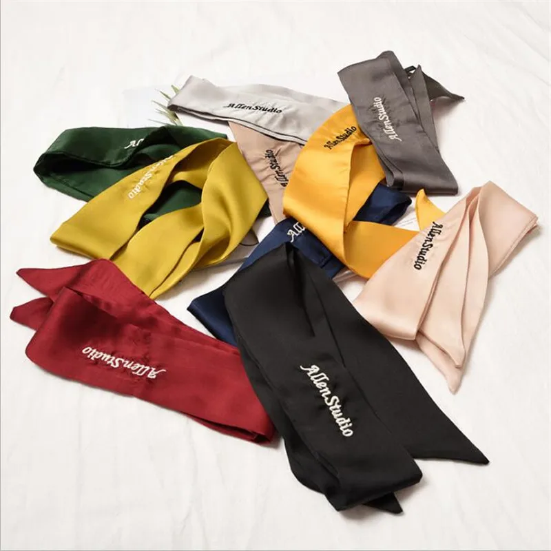 Женский шелковый шарф с лентами однотонный красный розовый черный желтый тонкий