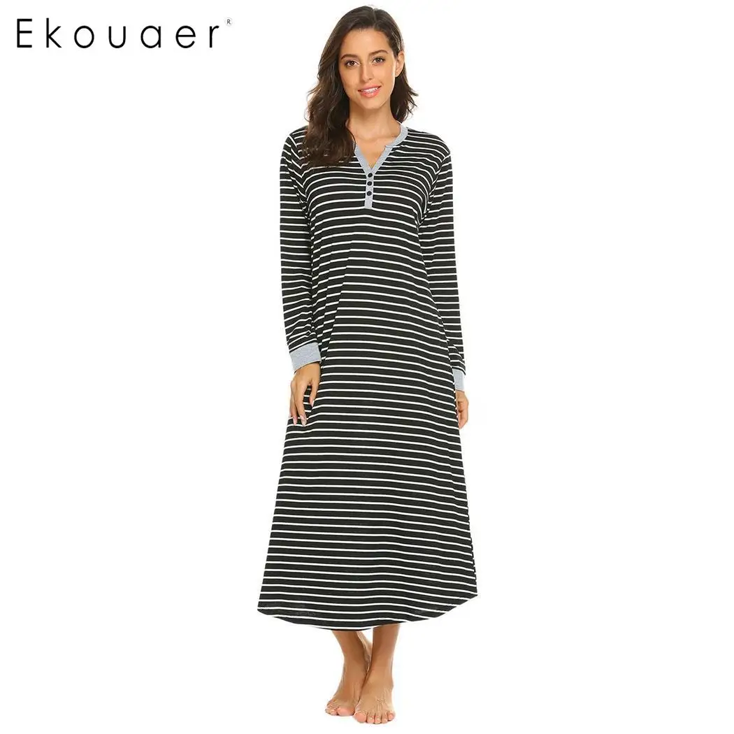 black white Ekouaer, Женская длинная ночная рубашка, сорочка, ночная рубашка, Повседневная, длинный, l рукав, v-образный вырез, Полоска, ночная рубашка, женская ночная рубашка - Цвет: black white