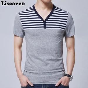 Мужская серая футболка Liseaven, в полоску, с V-образным вырезом, с пуговицами, с коротким рукавом, облегающая