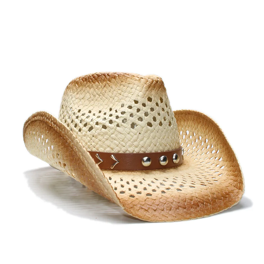 Женская и мужская винтажная шляпа с широкими полями и вырезами из соломы для пляжа, ковбойская шляпа ковбоя Западного стиля с кожаным ремешком и сплавной бусинкой (57см)