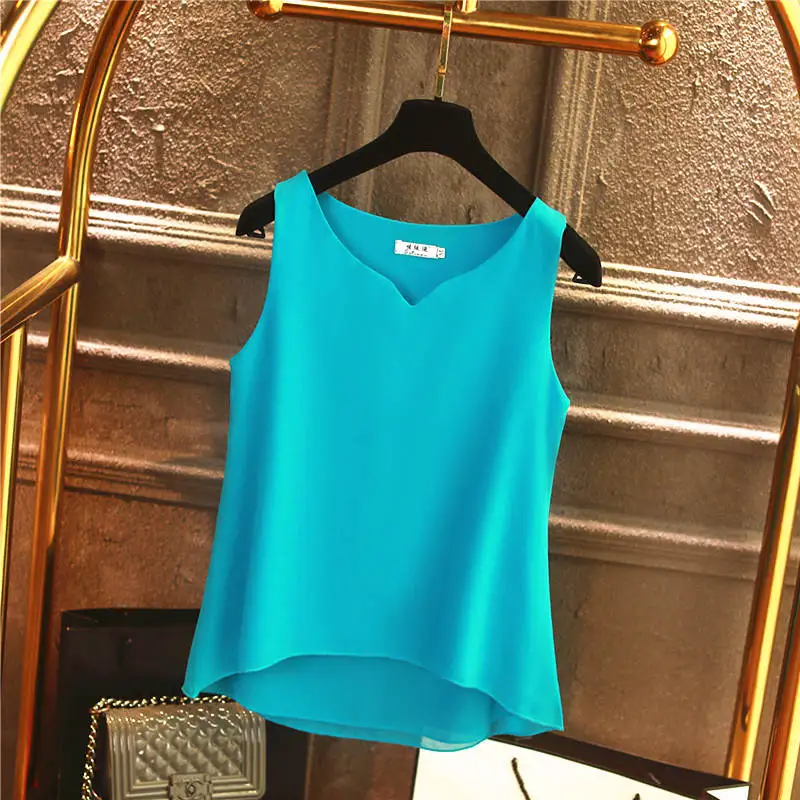 Peacock blue Модная новая Брендовая женская блузка Летний шифон без рукавов рубашка однотонная с v-образным вырезом Повседневная Блузка размера плюс 5XL свободные женские топы - Цвет: Peacock blue