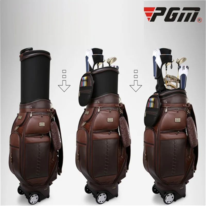 preço Pgm Golfe Padrão Saco De Bola Couro Genuíno Conjunto Completo Sacos Golfe Caddy Carrinho Pacote Roda Viajar Sacos D0482