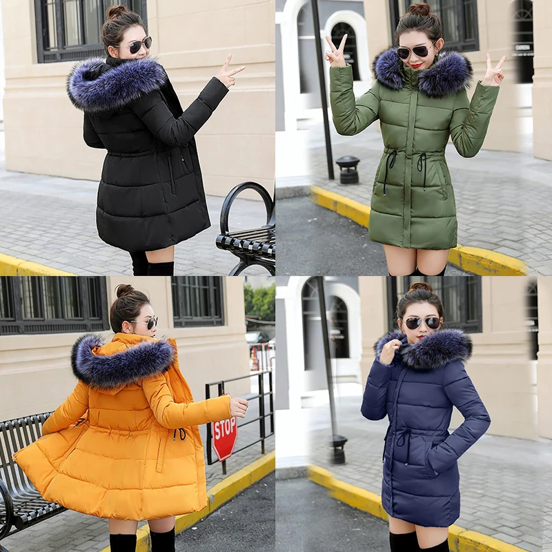 Женские зимние куртки и пальто 4 вида цветов стеганые с капюшоном большим