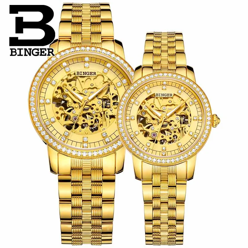 Couple Watches 03 BINGER Роскошные 18k позолоченные автоматические механические часы классический полый дизайн Пара часы для мужчин и женщин B-5051G - Цвет: Couple Watches 03