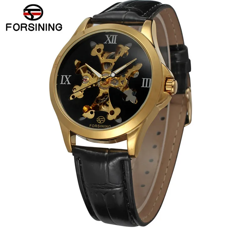 2016 Скелет Мужчины Часы Кожа Механические Самостоятельная Ветер Автоматическая