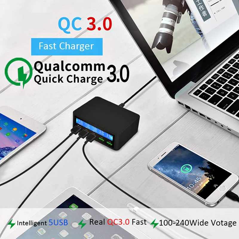USB быстрое зарядное устройство 40 Вт мульти 5-портовый светодиодный дисплей QC 3 0