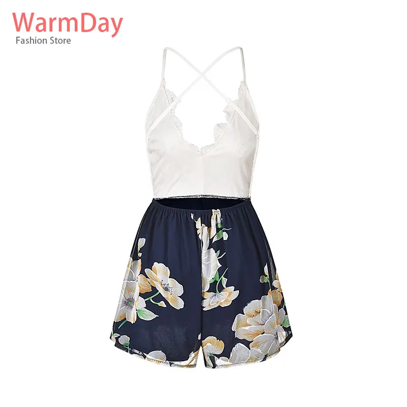 warmday 2019 summer party casual women elegant lace ladies wide leg short jumpsuits streetwear chiffon print floral sexy jumsuit | Женская