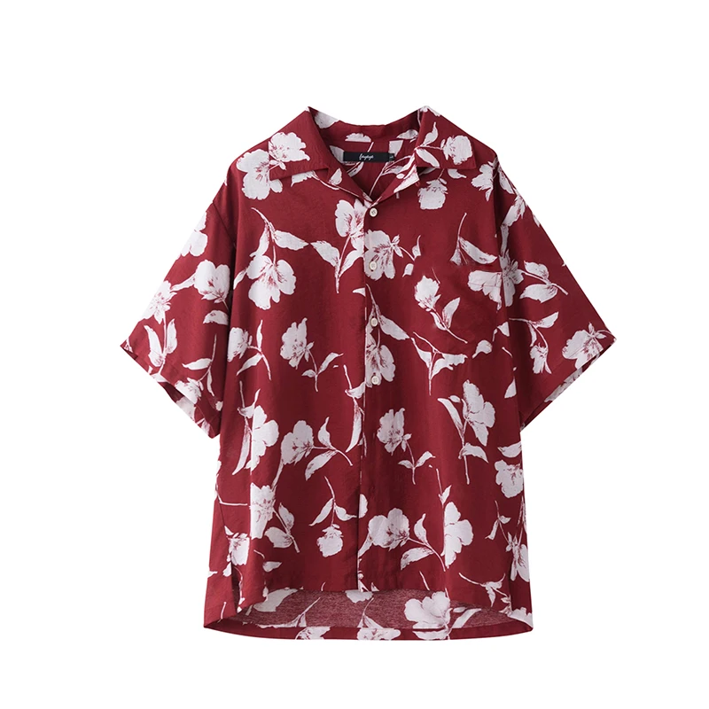 

PERHAPS U Hawaii Women Red White Turn Down Collar Button Short Sleeve Print Loose Shirt Blouse Floral Flower B0086