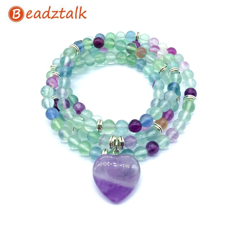 

Beadztalk Natural Stone Beads Bracelets 74 cm Mala Yoga Necklace With Heart Charm Fluorite Jaspers etc Drop Shipping