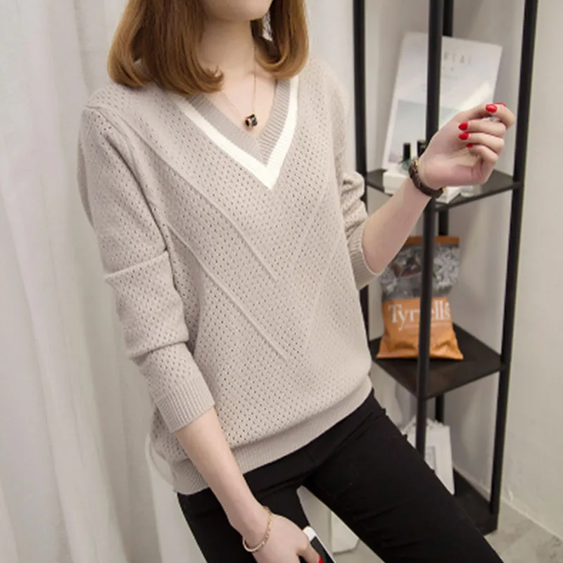 2019 Solid color Spring autumn Women knitted sweaters Long sleeve Casual loose large size hollow cc16 | Женская одежда