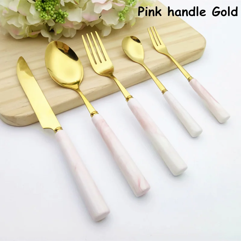 Pink handle Gold Западная керамика набор посуды Нержавеющая сталь Ножи Рождественская посуда набор серый десерт Совок розовый вилка 5 шт./компл - Цвет: Pink handle Gold