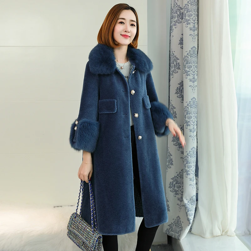 Blue AYUNSUE пальто из натурального меха Женская осенне-зимняя куртка воротник из лисьего меха овечья шерсть пальто длинное манто Femme Hiver KJ894 - Цвет: Blue