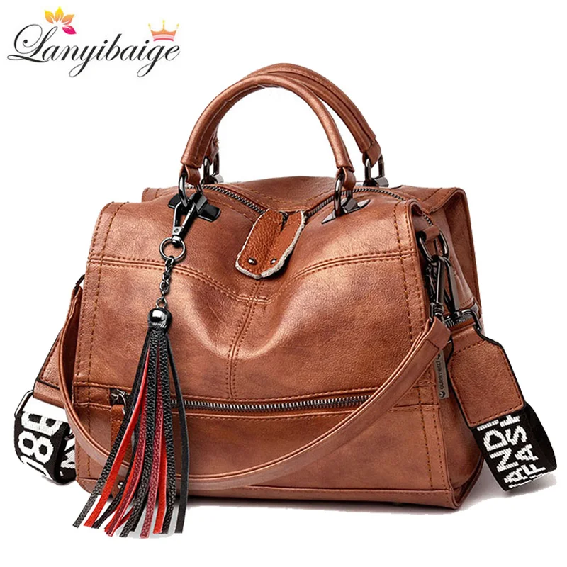 

Retro Women Handbags Wide Shoulder Strap High Quality Leather Ladies Shoulder Bags Brand Tassel Luxury Women Crossbody Bags