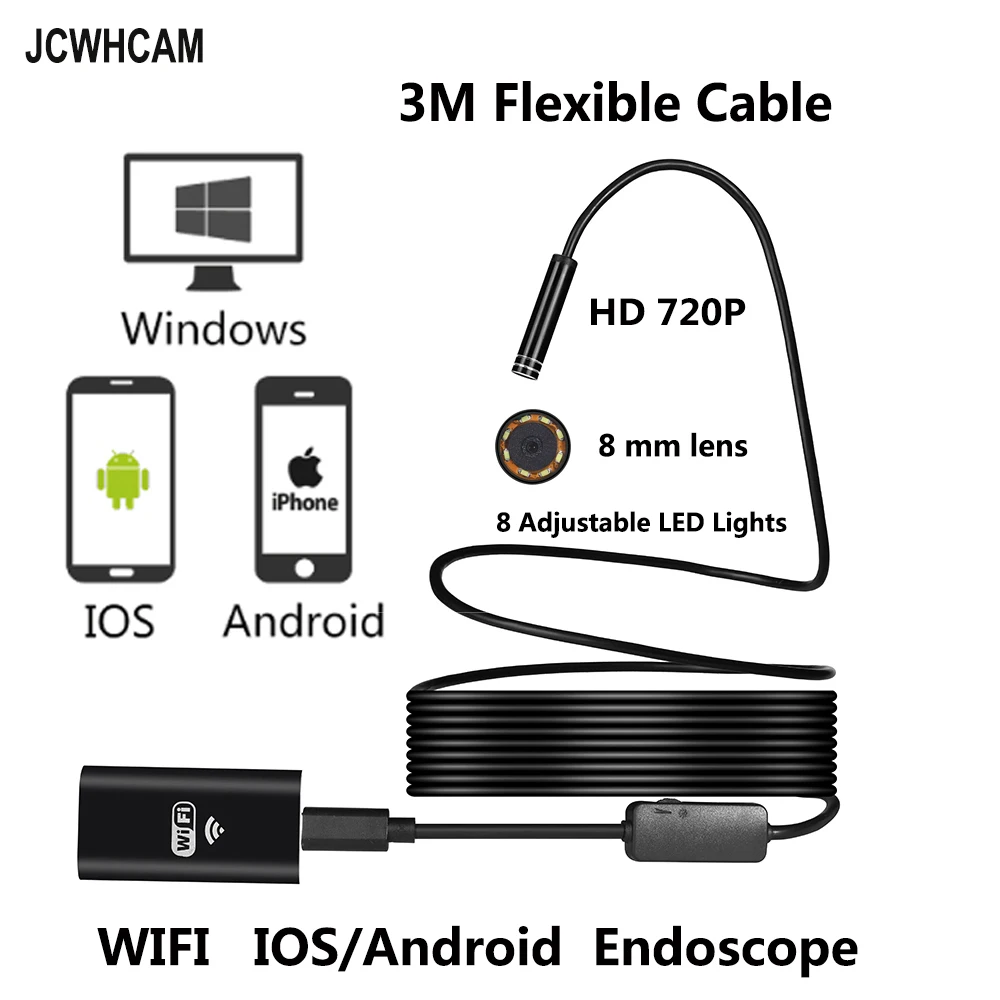 JCWHCAM 3 м мягкий кабель ручной IOS Android эндоскоп 8 мм объектив светодиодный
