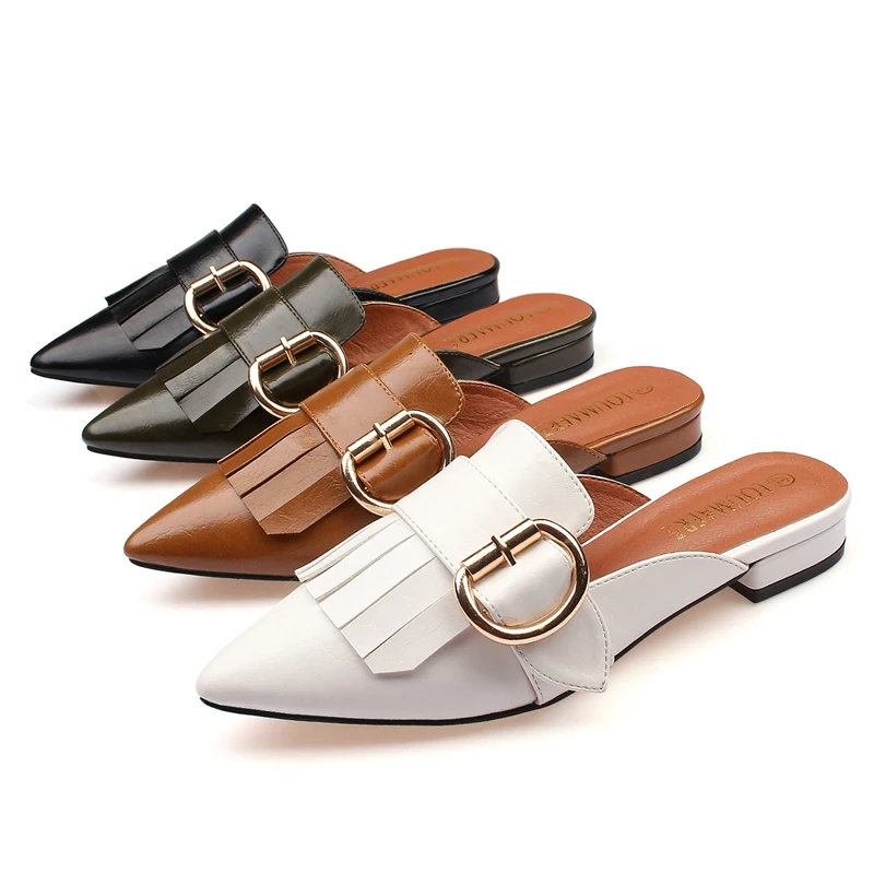 Дизайнерские женские мюли с кисточками Сандалии острым носком Шлепанцы пряжкой