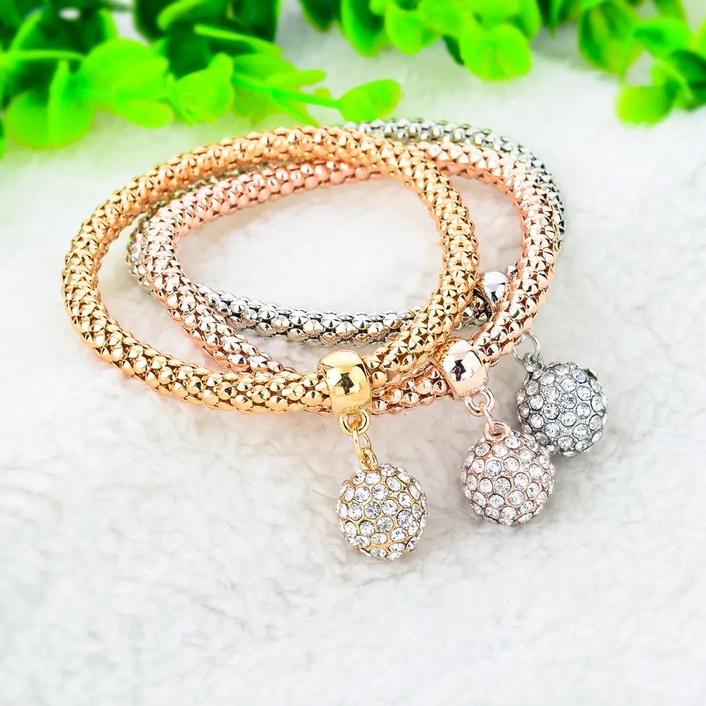 3Pcs Elastic Chain Gold Bracelets For Women 2019 Fashion Jewellery Crystal Ball Pendant Charm Pulseria SBR150181 | Украшения и