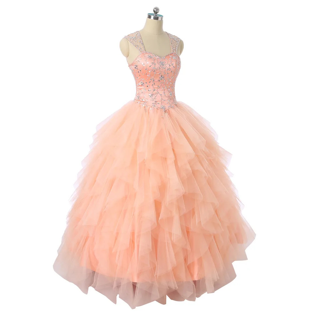 Персиковые Дешевые Бальные платья Quinceanera бальное платье милое Тюлевое с рукавами