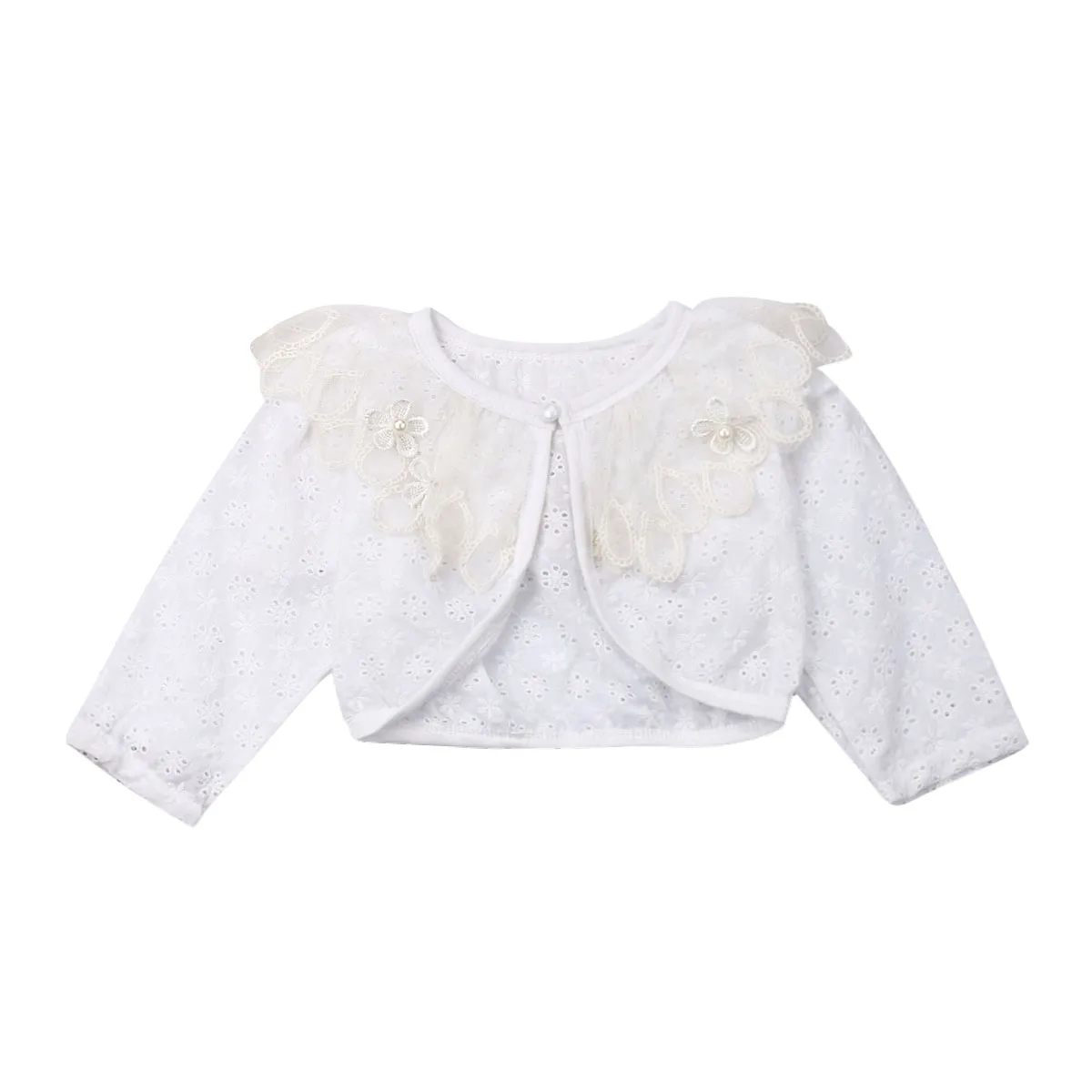 2019 New Girls Long Sleeve Kids Lace Bolero Shrug Pearls Button Wedding Cardigan Princess Flower Collar Party Coat 1-6 Y | Детская