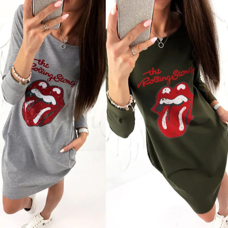 Женское Забавное платье-футболка 2018 осеннее платье-чокер повседневные свободные