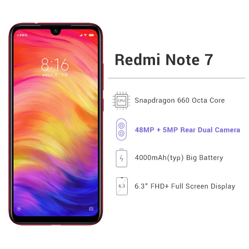 Мобильный телефон Xiaomi Redmi Note 7 с глобальной прошивкой, 4 Гб ОЗУ, 64 Гб ПЗУ, Восьмиядерный процессор Snapdragon 660, 4000 мАч, 6,3 дюйма, 2340x1080, камера 48 Мп+ 13 МП