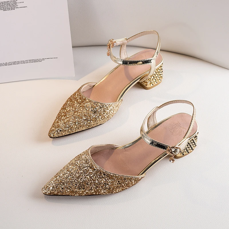 

Womens Block Square Heel Ankle Strap Patent Leather Bling Close Toe Pointed Toe Sandals Shoes Size 33 Gold Silver Prom Sandals