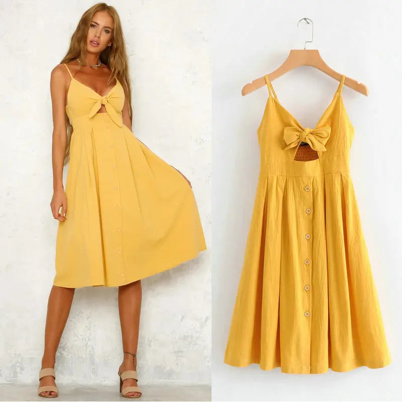2019 новое летнее желтое Сексуальное Женское платье без рукавов с галстуком