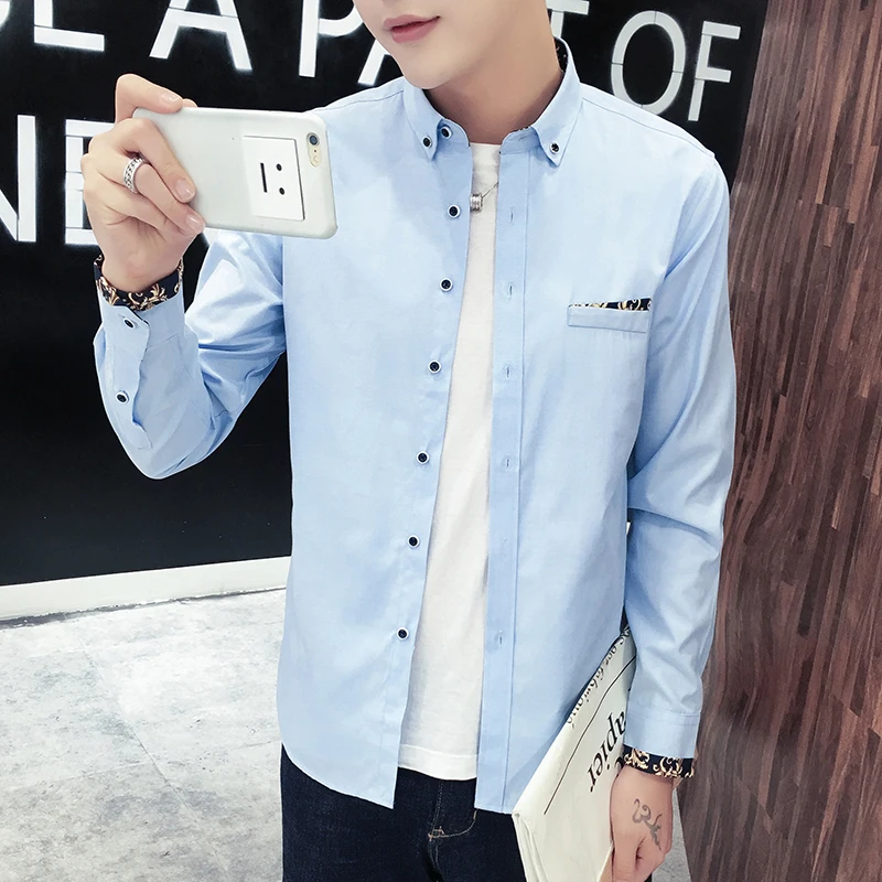 

Men Casual Shirt 2019 New Cuff Printing Button-Down Collar Long Sleeve Slim fit Solid Dress Shirts for youth people CS29