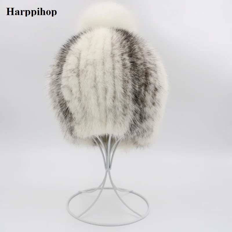 

2018 Women Winter Mink Fur Hat Real Knitted Mink big Fox Fur ball Caps Female Russian Warm Beanies Hat Women's Fur Hat H914
