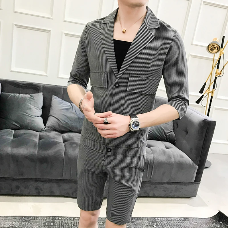 

loldeal 3 Colors 2pc Set Shirt And Shorts Pink Grey Black Small Stripe Men's Striped Pants Casual Set